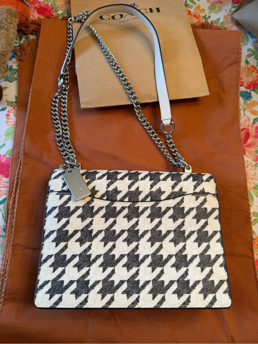 Coach Black & White Houndstooth Chain Shoulder Bag